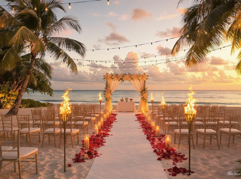 Host a luxury wedding dinner in Anguilla with a private beach ceremony and sunset cocktail reception for 50 guests