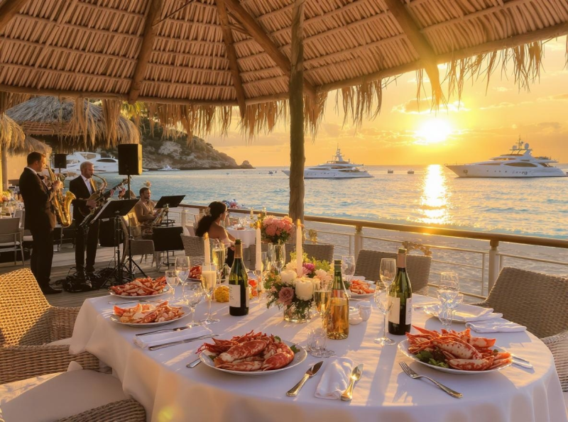 Book a gourmet beachfront restaurant in Anse Marcel for a wedding cocktail with lobster menu and live music band